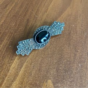 Vintage Silver Marcasite & Onyx Fan Style Brooch Pin
